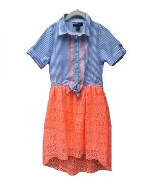 Girls' Blue Stripe Shirt Dress with Coral Lace Skirt